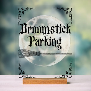 Whimsical Witchy Full Moon Broomstick Parking Acrylic Sign