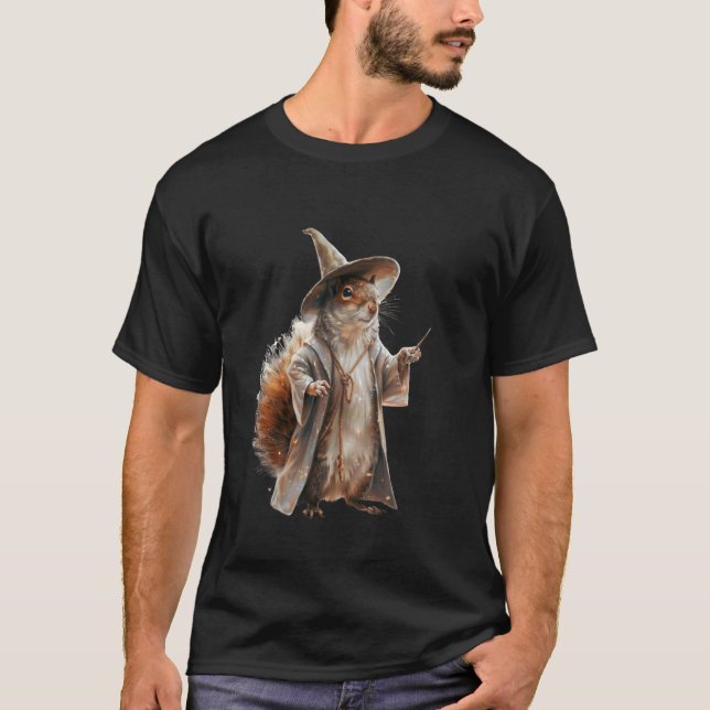 Whimsical Wizard Squirrel Fantasy Art T-Shirt (Front)