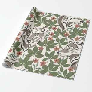 Whimsical Wolf and Forest Green Leafy Garden Wrapping Paper