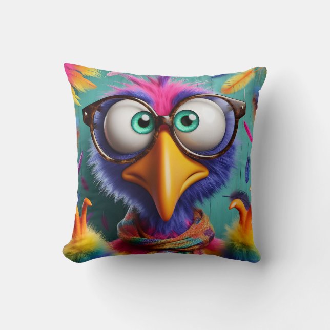 Whimsical Wonder: Colourful Bird with Big Sunglass Throw Pillow (Front)