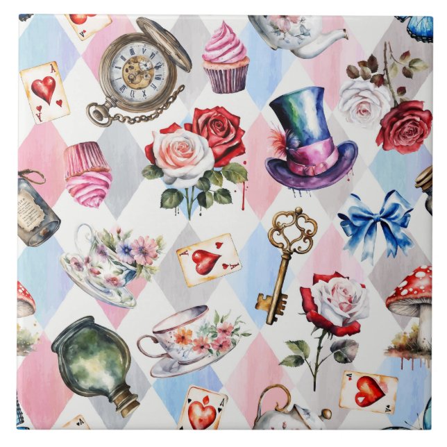 Whimsical Wonderland Watercolor Victorian Pattern Tile (Front)