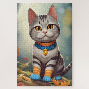 Whimsical Woodland America Shorthair Cat Jigsaw Puzzle