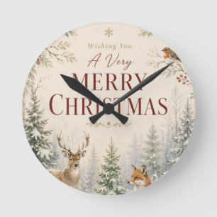 Whimsical Woodland Animal Christmas style Round Clock