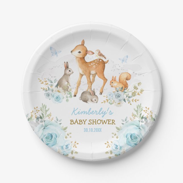 Whimsical Woodland Animals Blue Gold Floral Forest Paper Plate (Front)