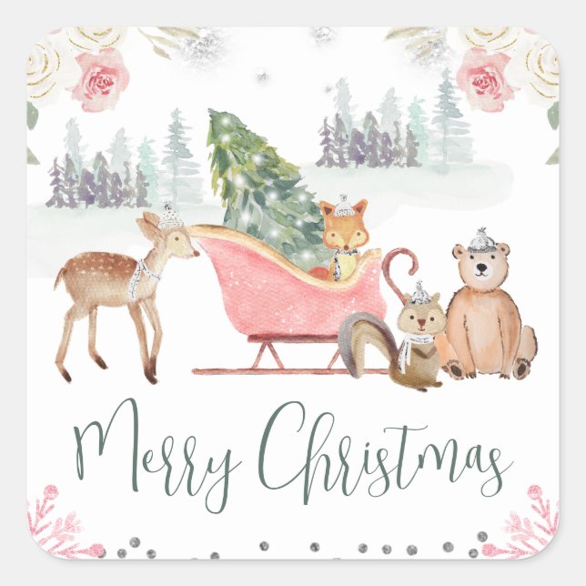 Whimsical Woodland Animals Christmas Sleigh Square Sticker (Front)