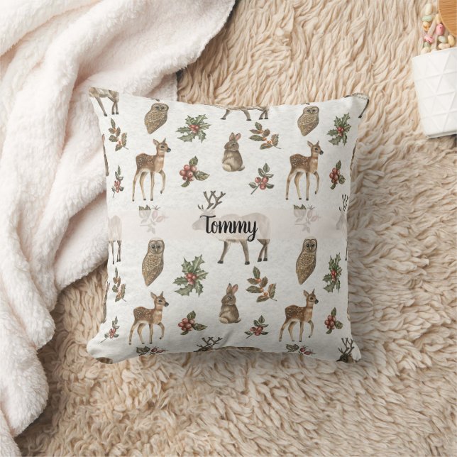 Whimsical Woodland Animals Custom Name  Throw Pillow (Blanket)