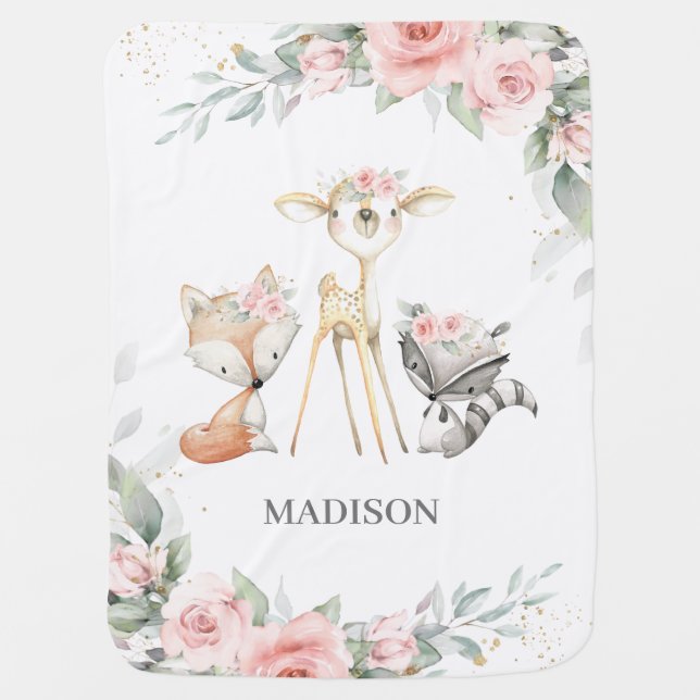 Whimsical Woodland Animals Deer Soft Pink Floral Baby Blanket (Front)