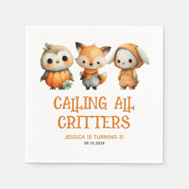 Whimsical Woodland Animals Fall Kids' Birthday Napkin (Front)
