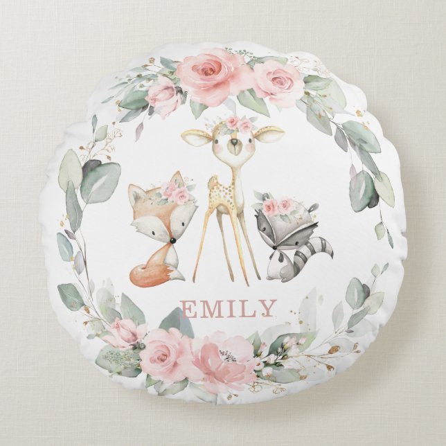 Whimsical Woodland Animals Floral Greenery Wreath Round Pillow (Front)