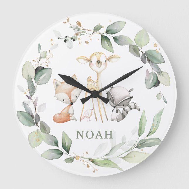 Whimsical Woodland Animals Greenery Boy Girl Room Large Clock (Front)