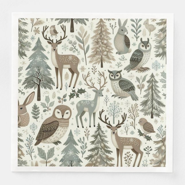 Whimsical Woodland Animals Holiday Paper Napkin (Front)