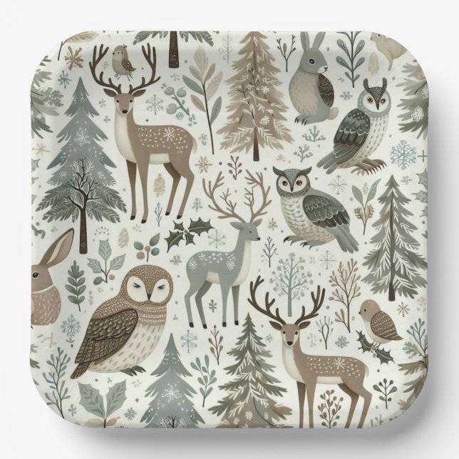 Whimsical Woodland Animals Holiday Paper Plate (Front)