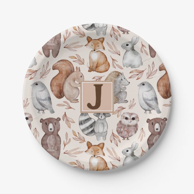 Whimsical Woodland Animals Monogram Party Paper Plate (Front)