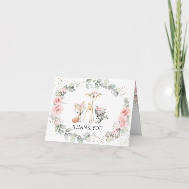 Whimsical Woodland Animals Pastel Pink Floral Baby Thank You Card (Front)