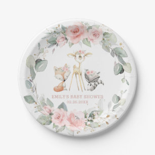Whimsical Woodland Animals Pink Floral Baby Shower Paper Plate