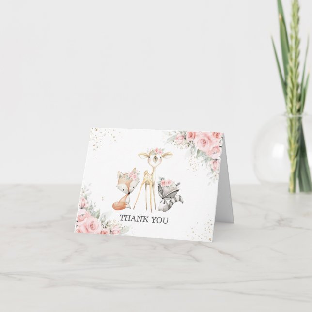 Whimsical Woodland Animals Soft Pink Floral Baby Thank You Card (Front)