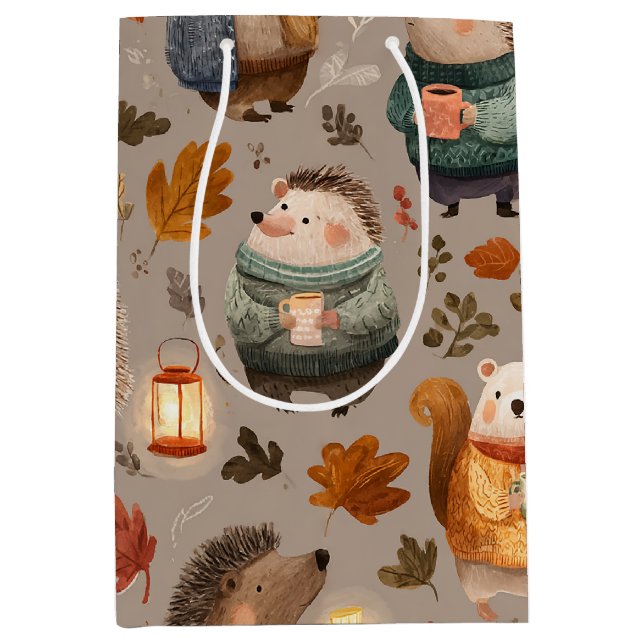Whimsical Woodland Animals Watercolor Fall Leaves Medium Gift Bag (Front)