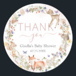 Whimsical Woodland Animals Wildflower Baby Shower  Classic Round Sticker<br><div class="desc">Personalize these beautiful baby shower round labels with your own wording easily and quickly, simply press the Edit Using Design Tool button to further re-arrange and format the style and placement of the text.  Featuring adorable hand-drawn watercolor woodland animals and an exquisite delicate wildflower wreath in soft pastel hues of...</div>