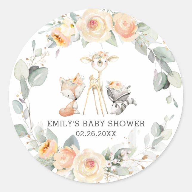 Whimsical Woodland Animals Yellow Floral Favour Classic Round Sticker (Front)