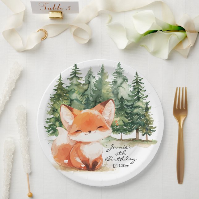 Whimsical Woodland Baby Fox 4th Birthday Paper Plate (Wedding)
