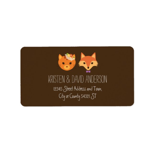 Whimsical Woodland Cat & Fox Couple Wedding Label (Front)