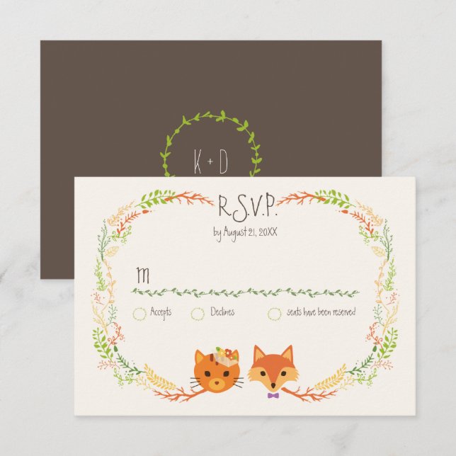 Whimsical Woodland Cat & Fox Couple Wedding RSVP Card (Front/Back)
