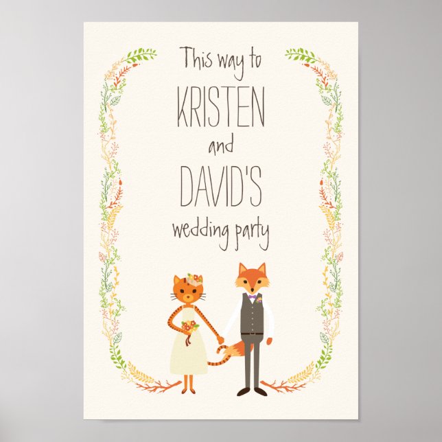 Whimsical Woodland Cat & Fox Couple Wedding Sign (Front)