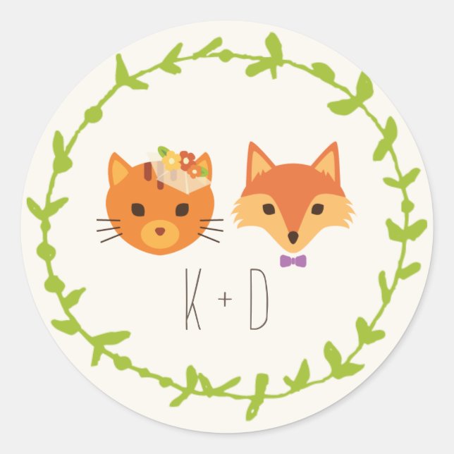 Whimsical Woodland Cat & Fox wedding Classic Round Sticker (Front)