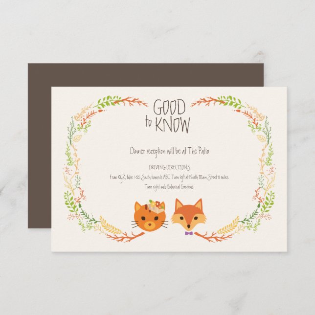 Whimsical Woodland Cat & Fox  Wedding Enclosure Card (Front/Back)