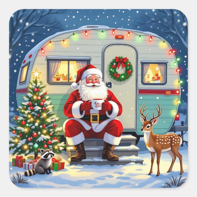 Whimsical Woodland Christmas and Retro RV Camper Square Sticker (Front)