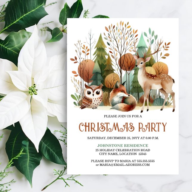 Whimsical Woodland Christmas Holiday Party Invitation (Whimsical Woodland Christmas Party invitation front view.)