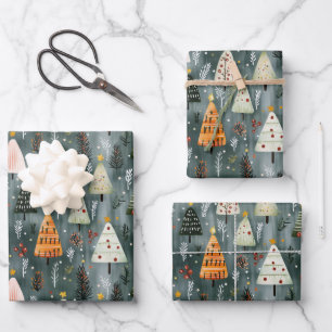 Whimsical Woodland Christmas Tree Forest Wrapping Paper Sheet