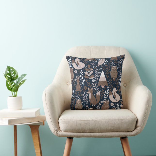 Whimsical Woodland Creatures Pattern Throw Pillow (Chair)