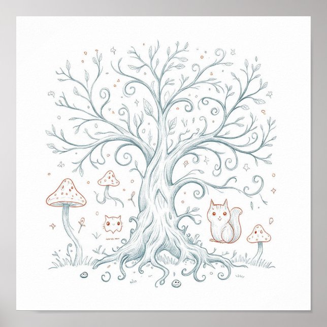 Whimsical Woodland Decor: Happy Critter Tree Poster (Front)
