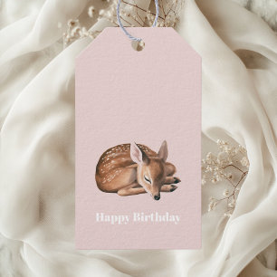 Whimsical Woodland Deer Birthday Pink  Gift Tags