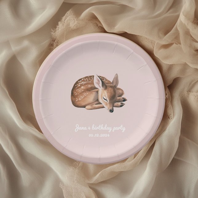 Whimsical Woodland Deer Birthday Pink  Paper Plate (Creator Uploaded)