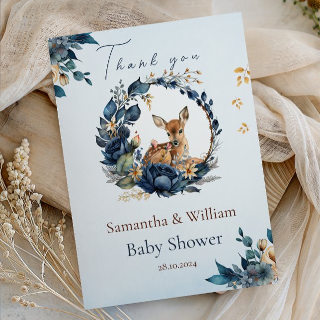 Whimsical Woodland Deer Blue Floral Leaves Thank You Card (Creator Uploaded)