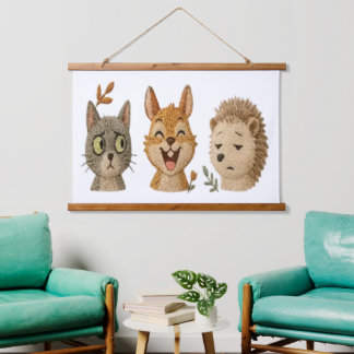 Whimsical Woodland Faces – Cute Embroidered Animal Hanging Tapestry