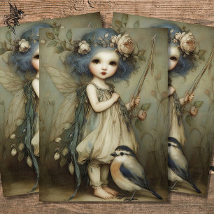 Whimsical Woodland Fairy and Wren Portrait Art Tissue Paper