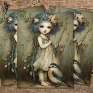 Whimsical Woodland Fairy and Wren Portrait Art Tissue Paper