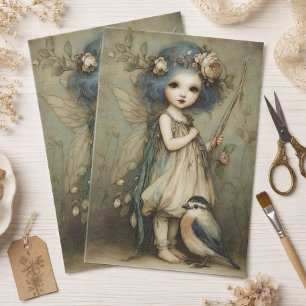 Whimsical Woodland Fairy and Wren Portrait Art Tissue Paper