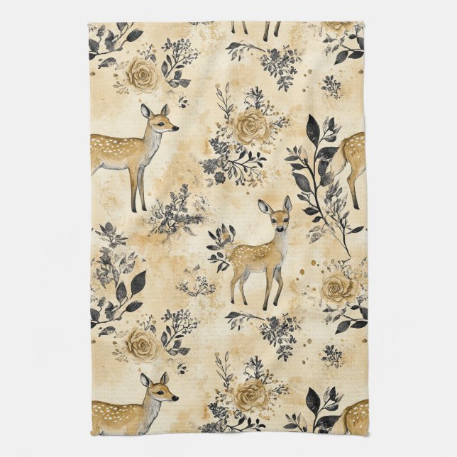 Whimsical Woodland Fawn Pattern Kitchen Towel (Vertical)