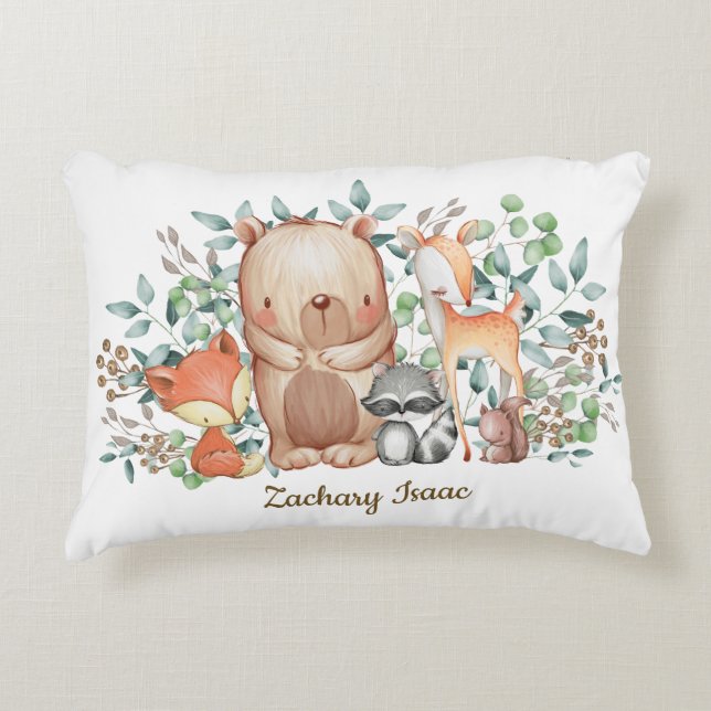 Whimsical Woodland Forest Animals Baby Boy Nursery Accent Pillow (Front)