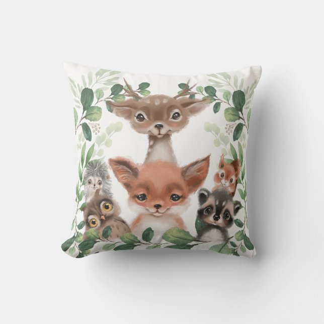Whimsical Woodland Forest Animals Baby Nursery Throw Pillow (Front)