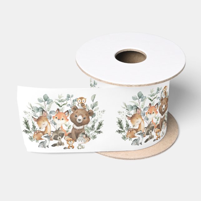 Whimsical Woodland Forest Animals Sage Greenery Satin Ribbon (Spool)