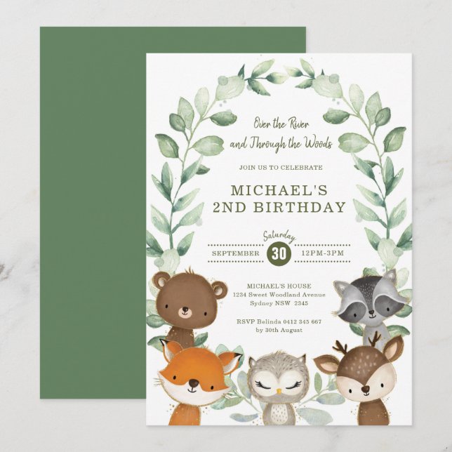 Whimsical Woodland Forest Friend Greenery Birthday Invitation (Front/Back)