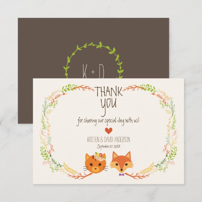 Whimsical Woodland Fox & Cat Wedding Thank You Card (Front/Back)