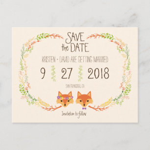 Whimsical Woodland Foxes (Ivory) Save the Date Announcement Postcard