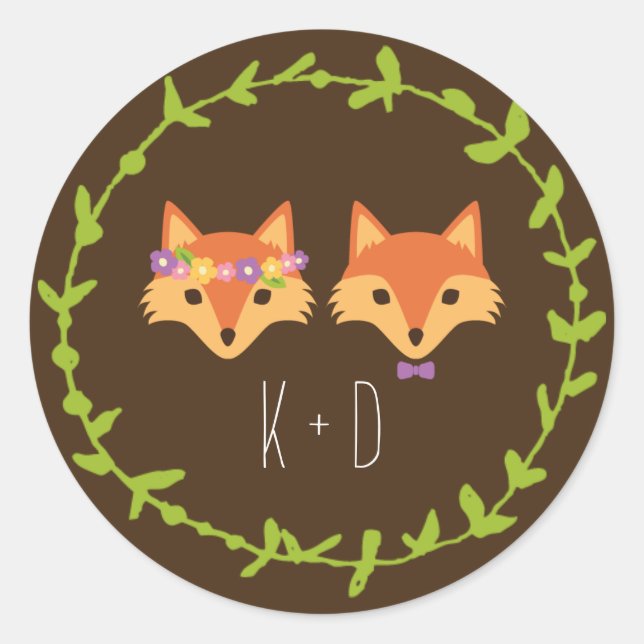 Whimsical Woodland Foxes wedding Classic Round Sticker (Front)