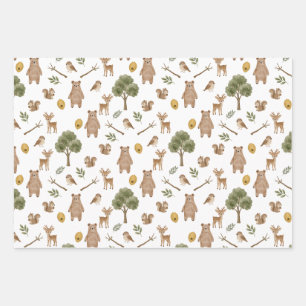 Whimsical Woodland Friends Watercolor Pattern Wrapping Paper Sheet